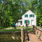 Cyclists along a canal