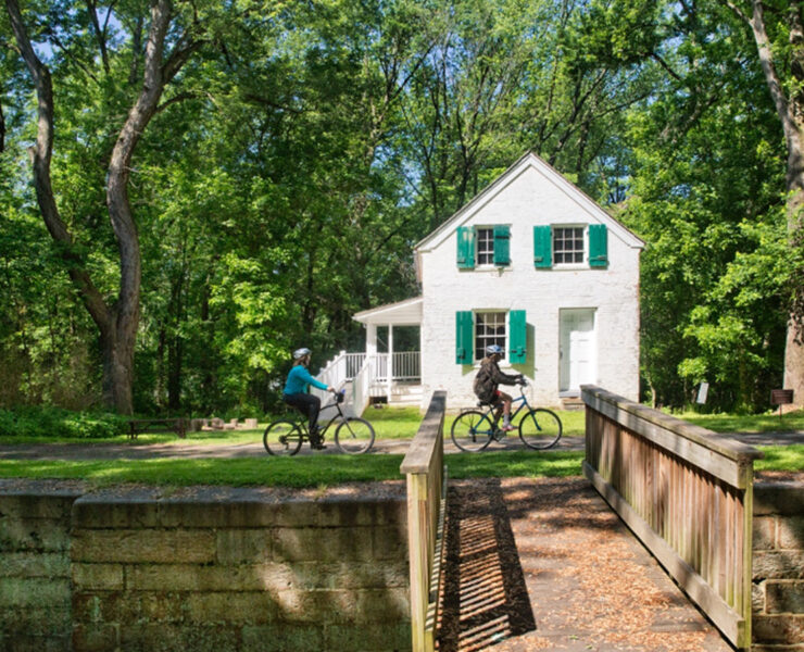 Cyclists along a canal