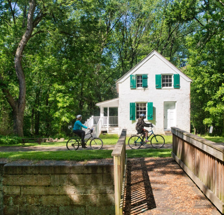 Cyclists along a canal