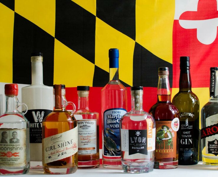 Maryland Liquor Bottles in front of the MD Flag