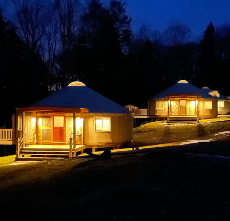 Yurt exteriors at night
