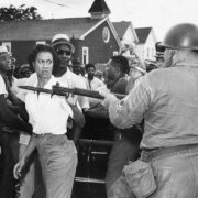 Gloria Richardson and protestors facing National Guard troops, Cambridge, Maryland, ca. 1963