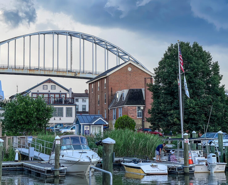 Boats in the water with the bridge in the background