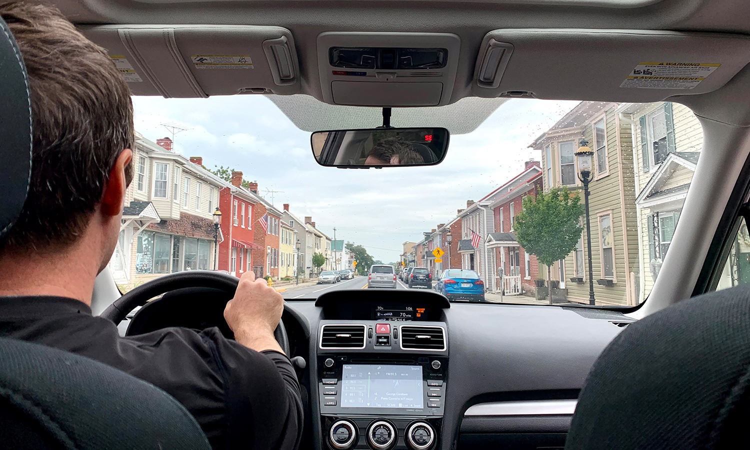 Person driving through Main Street in Emmitsburg, PA.