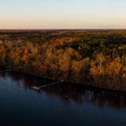 A birds eye view of the winding flow of the Choptank River during a late fall sunset.