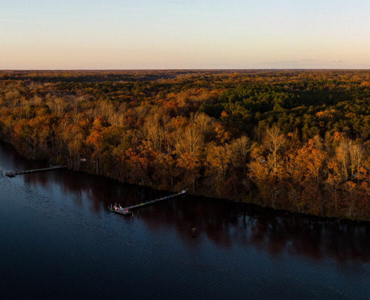 A birds eye view of the winding flow of the Choptank River during a late fall sunset.