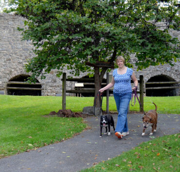 woman walking two dogs in a park