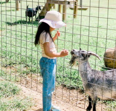 young girl in cute outfit with goat