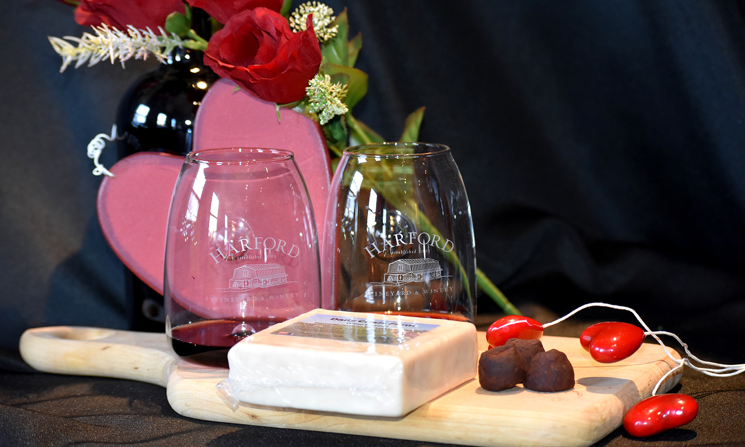 wine, cheese and chocolate display