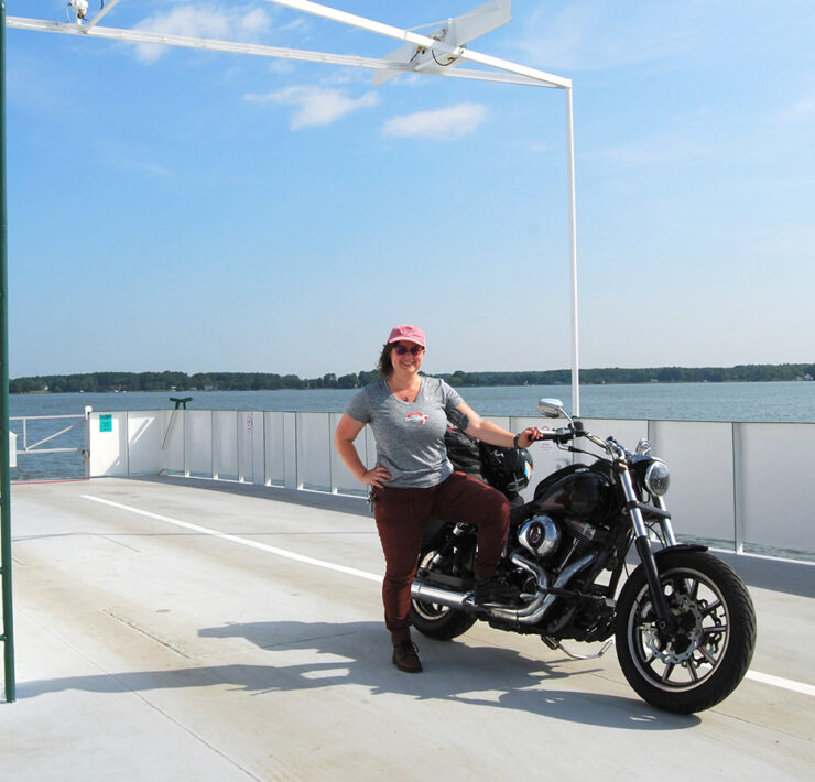 Author on ferry with motorcycle