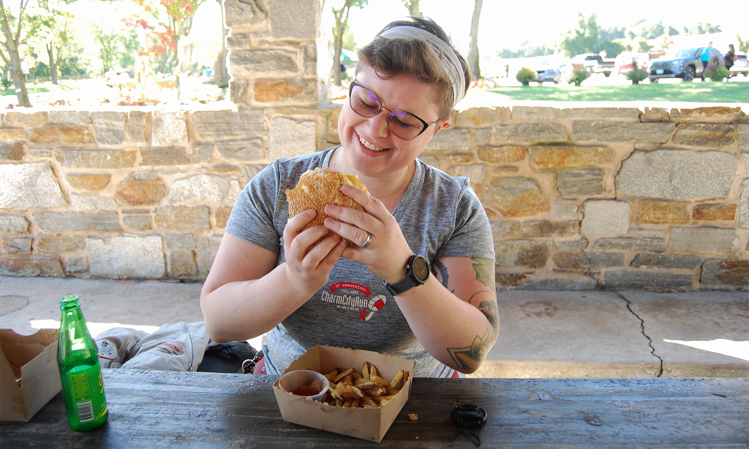 author enjoying burger