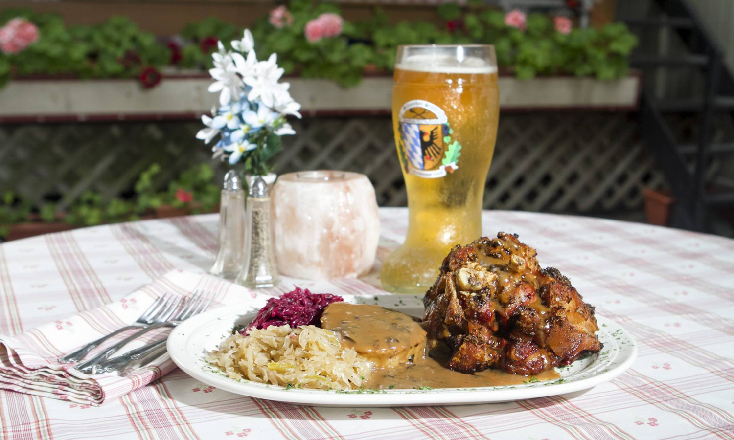 “Knusperige Schweinshaxe” —one of the dinner entrées at Schmankerl Stube Bavarian Restaurant in Hagerstown, MD.