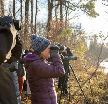 Birders squint into their binoculars to identify the members of a raft of ducks in a cove at Eastern Neck National Wildlife Refuge in Kent County, MD