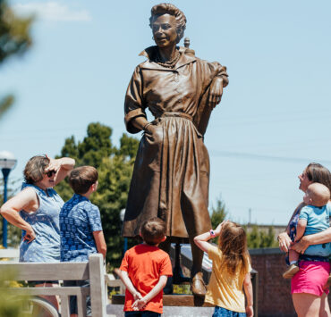 the seven-foot bronze statue of Claire McCardell