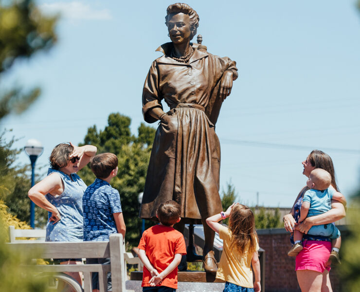 the seven-foot bronze statue of Claire McCardell