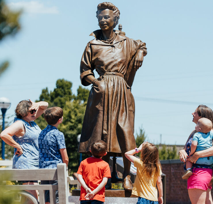 the seven-foot bronze statue of Claire McCardell