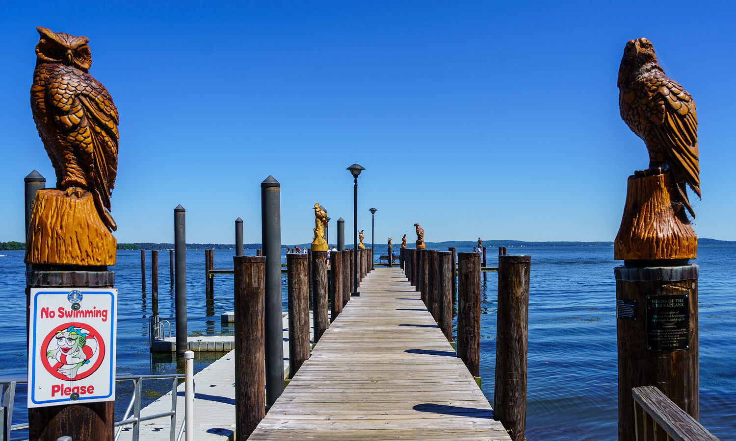 Wooden dock over water with wooden bird statues on the dock posts
