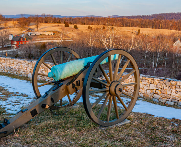Civial war cannon on a ridge during winter