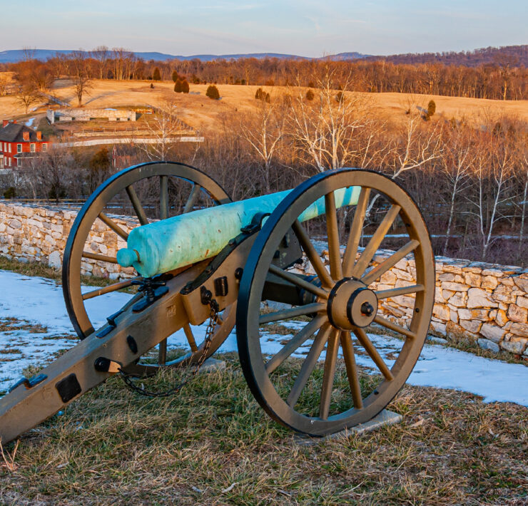 Civial war cannon on a ridge during winter