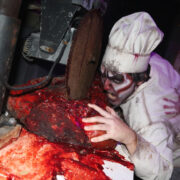 Person dressed as a scary chef at haunted attractions in Maryland