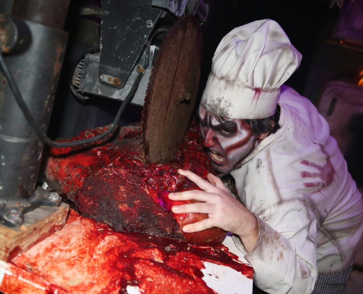 Person dressed as a scary chef at haunted attractions in Maryland