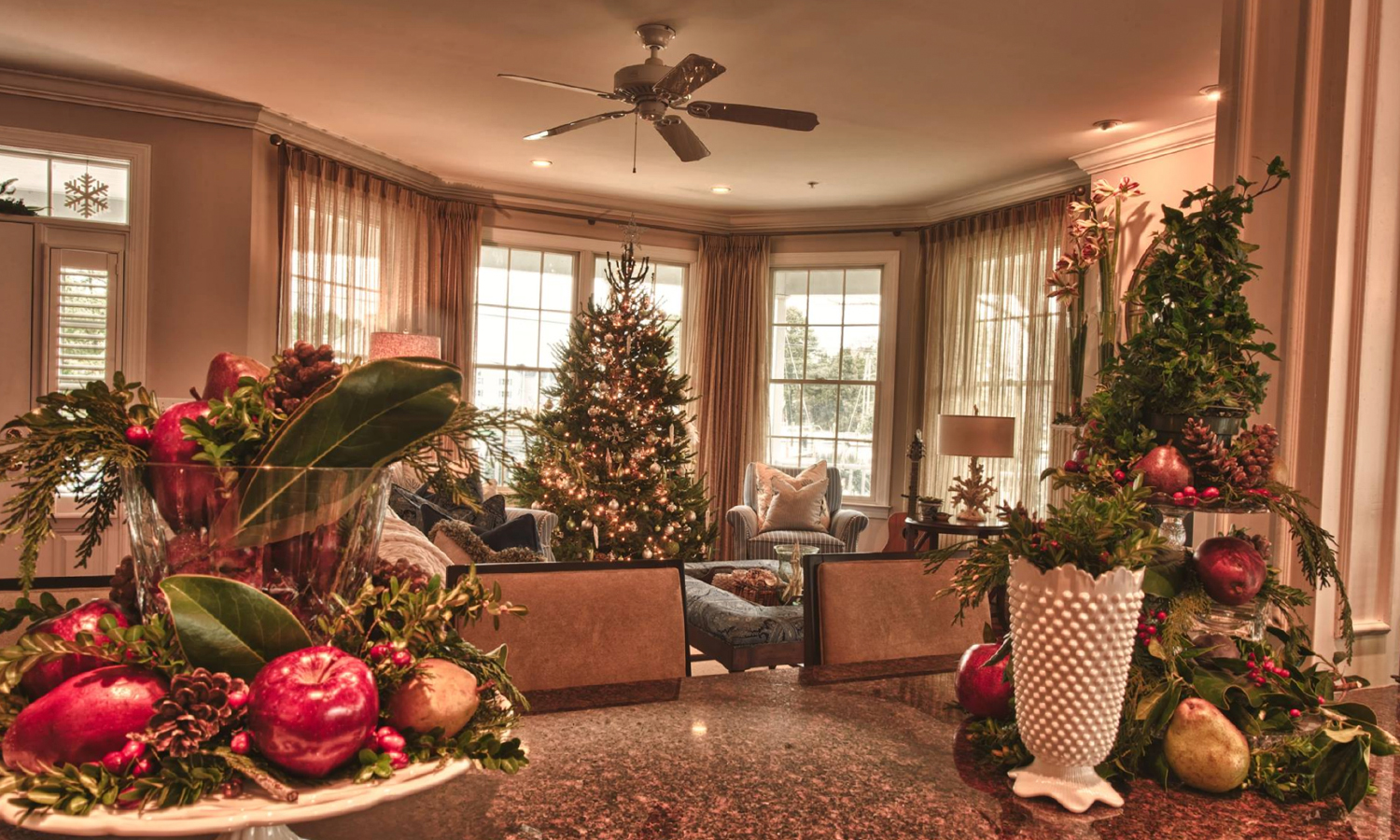 Inside of a home decorated for Christmas