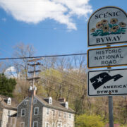 Road sign indicating Historic National Road is a scenic byway