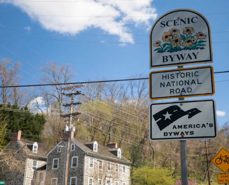 Road sign indicating Historic National Road is a scenic byway