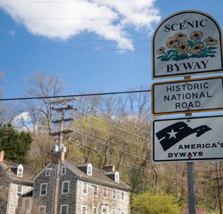 Road sign indicating Historic National Road is a scenic byway