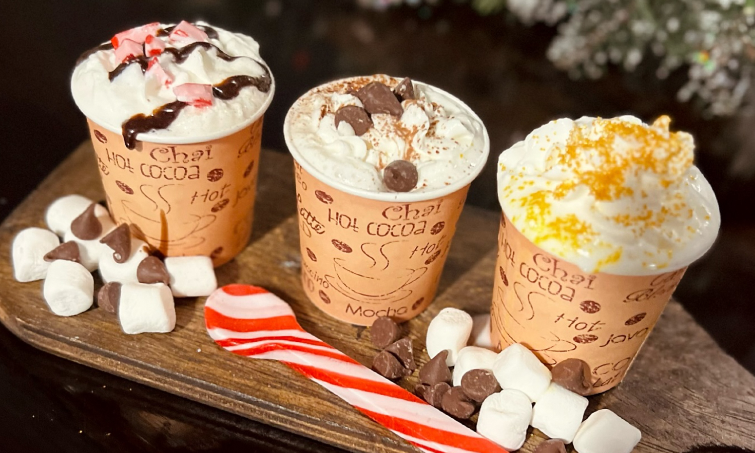 Flight of three hot chocolate drinks