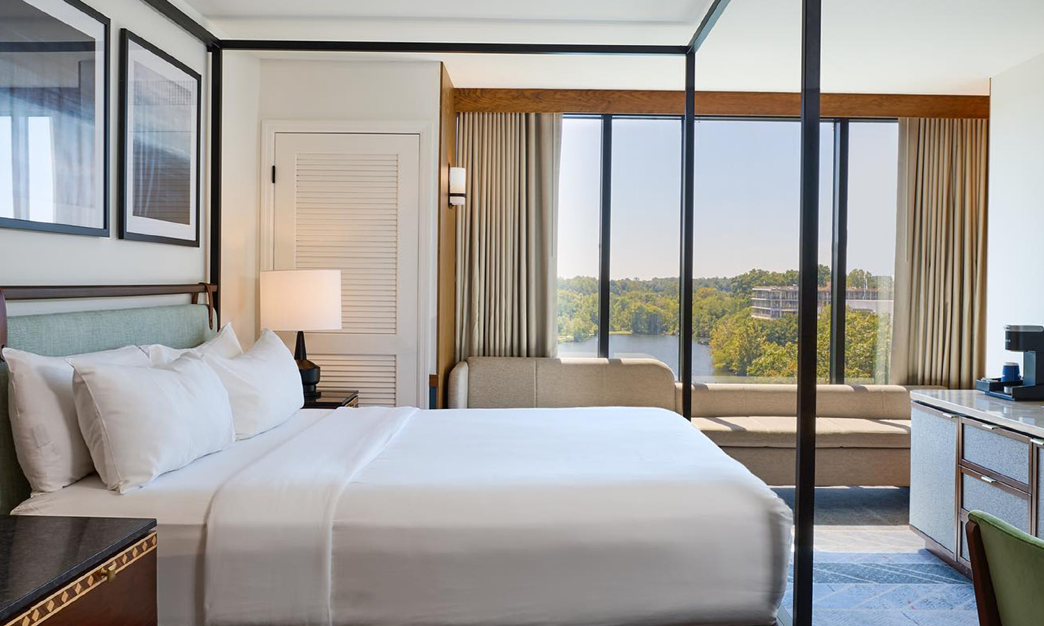 Inside of a luxury lakehouse hotel room