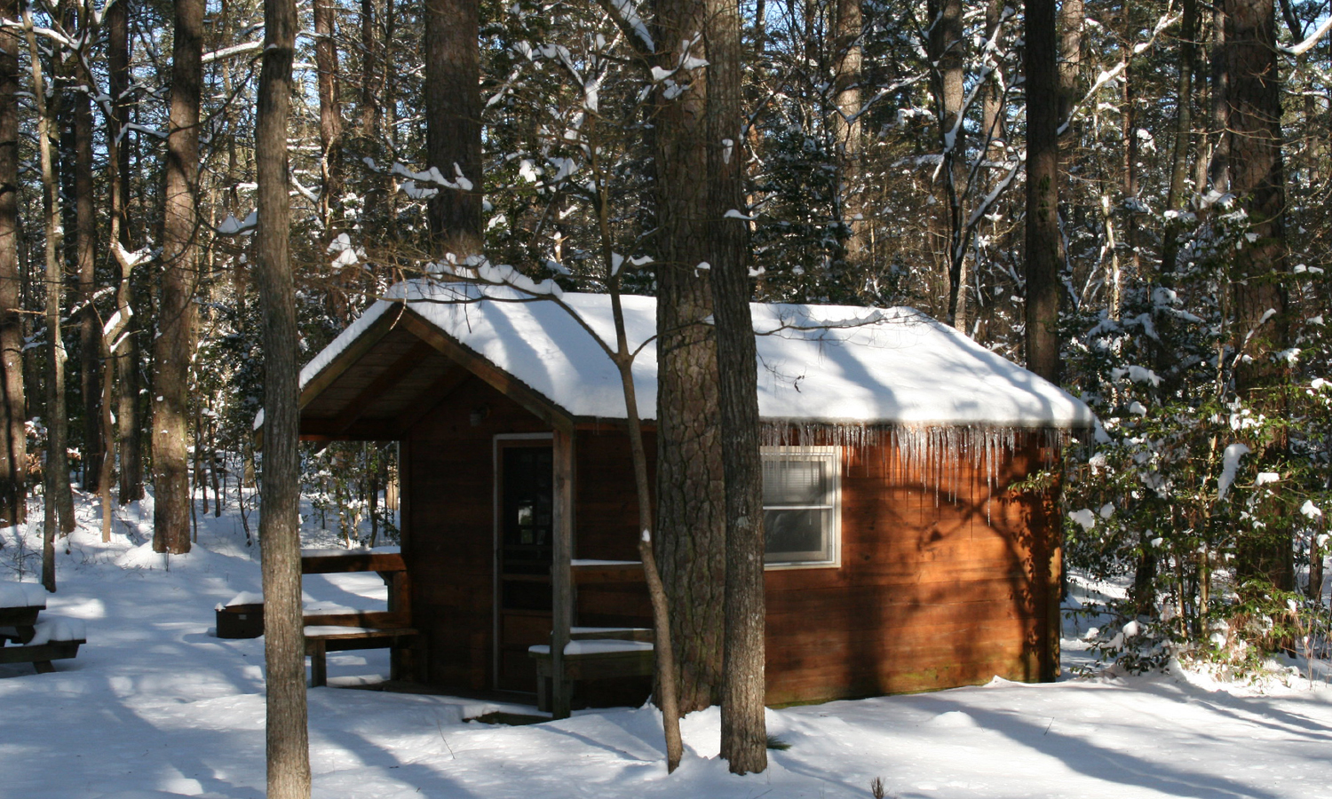 Cabin in the woods covered in snow
