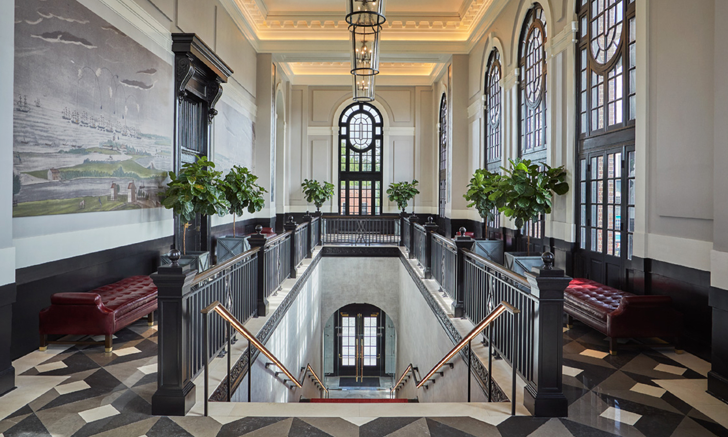 Staircase and lobby of luxury hotel