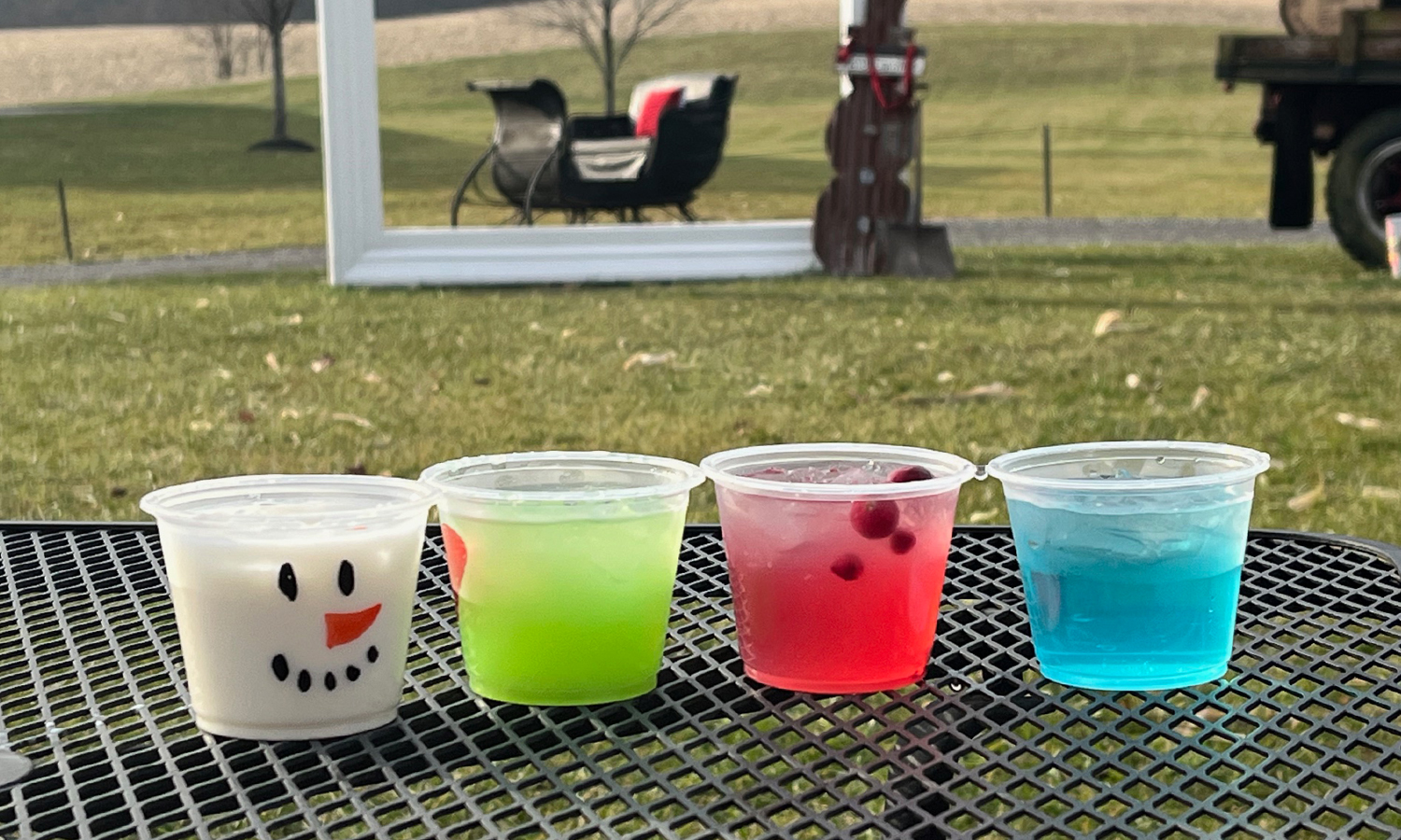 Festive flight of cocktails at a farm distillery