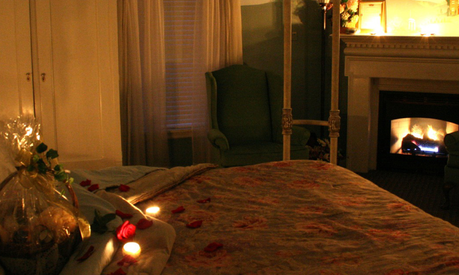 B&B room set-up with romantic lighting and candles