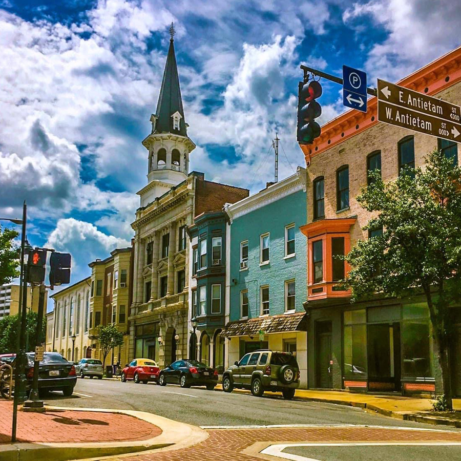 Street level view of downtown intersection